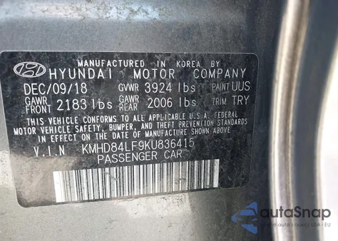 2019 Hyundai Elantra Sel из США, поврежденный, VIN KMHD84LF9KU836415